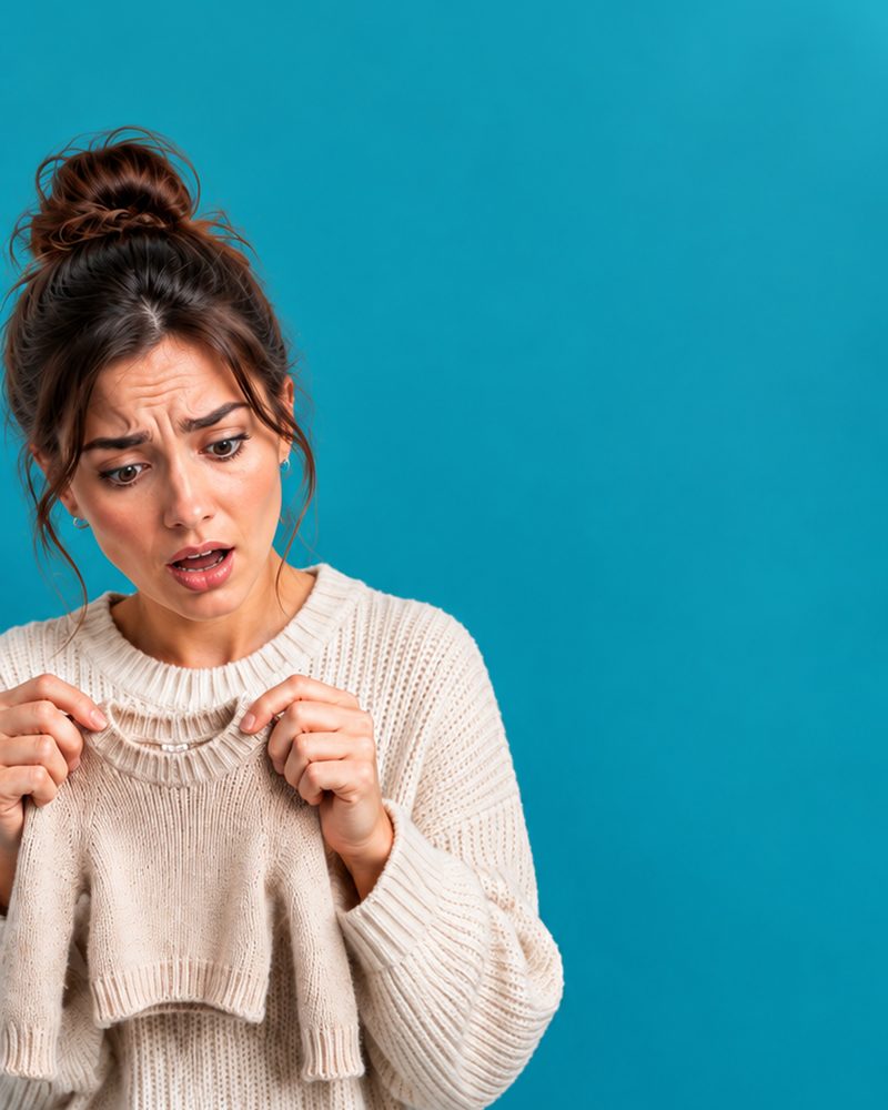 Woman holding up a shrunken wool sweater in shock