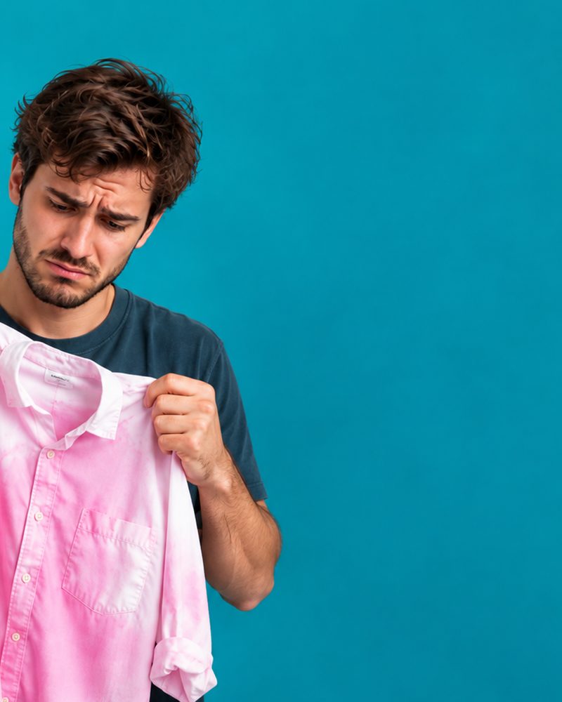 Man holding a white shirt that turned pink in the wash