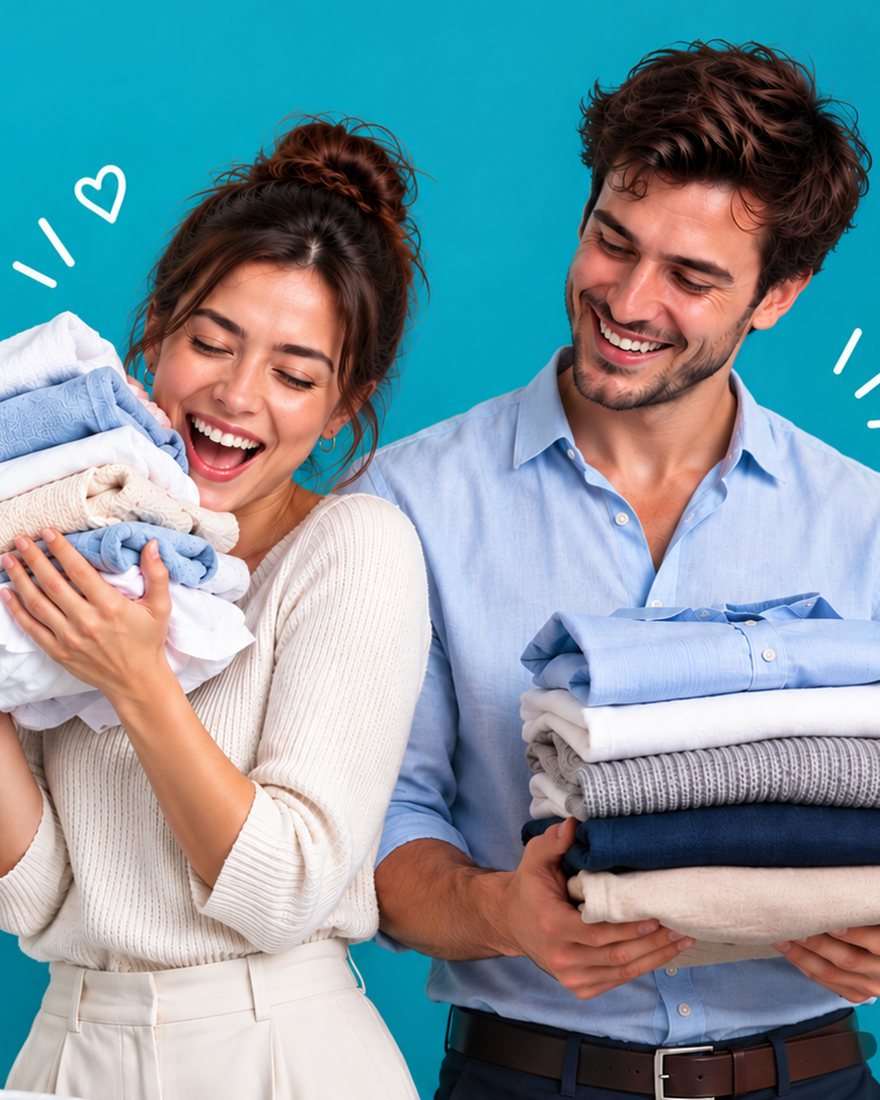 A laughing couple holding freshly washed, folded laundry: she presses the stack to her face, he carries folded shirts.