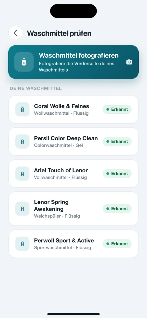 Liste gespeicherter Waschmittel in WashGuard, jedes per Foto erkannt