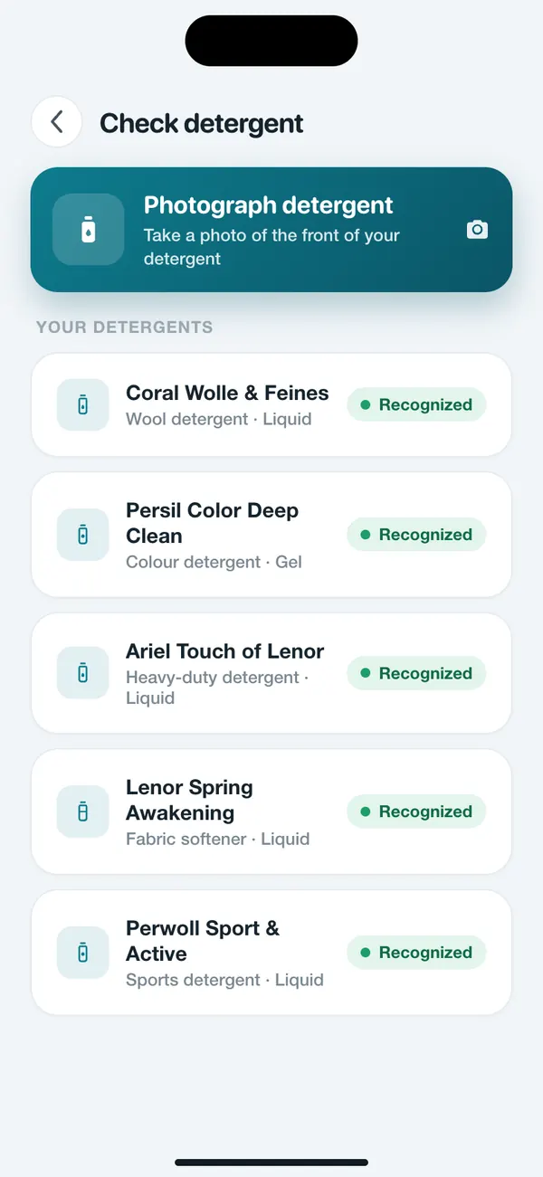 List of saved detergents in WashGuard, each recognized from a photo