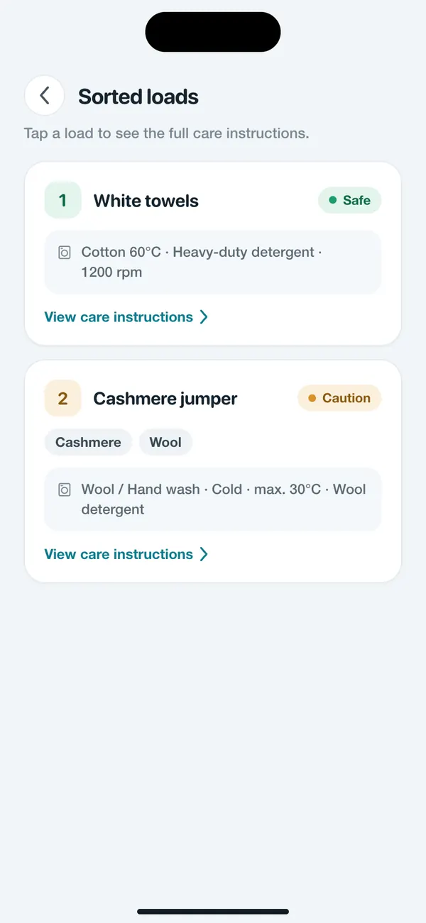 WashGuard splitting several garments into wash loads