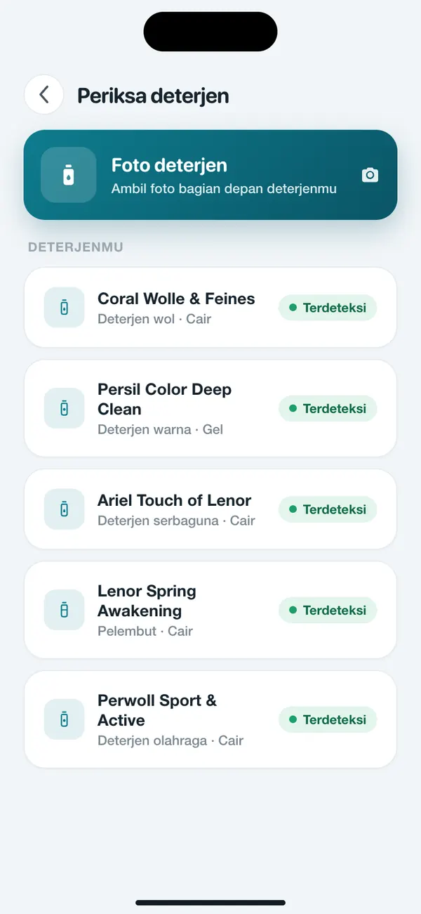 Daftar deterjen tersimpan di WashGuard, masing-masing dikenali dari foto