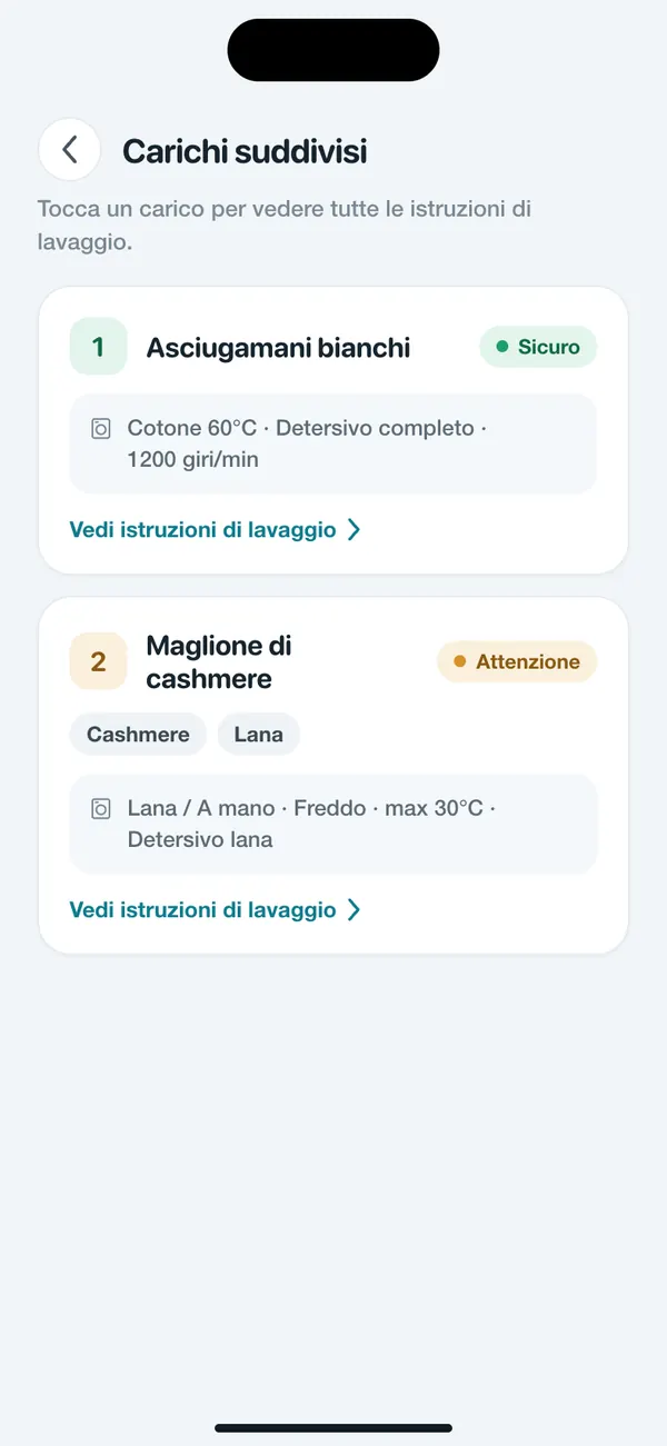 WashGuard divide diversi capi in carichi di lavaggio
