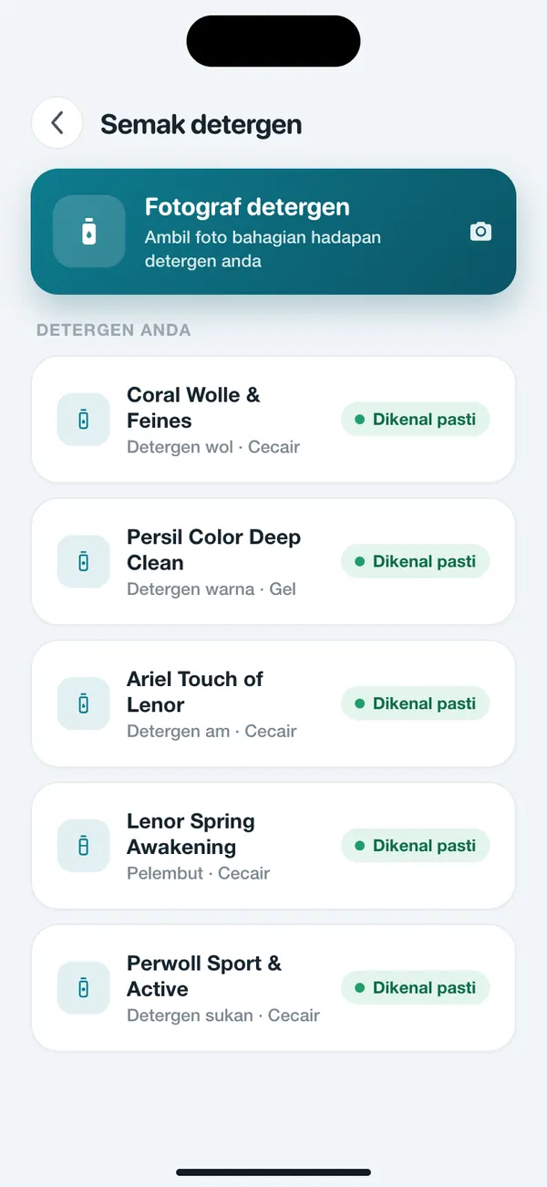 Senarai detergen yang disimpan dalam WashGuard, setiap satu dikenal pasti daripada gambar
