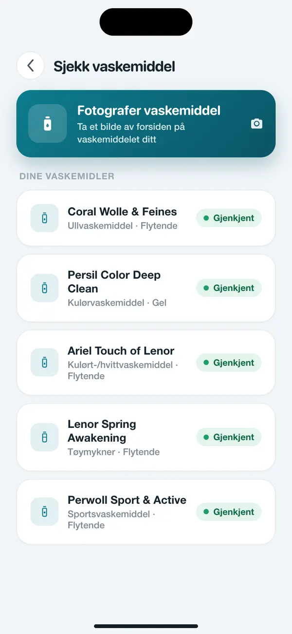 Liste over lagrede vaskemidler i WashGuard, hvert gjenkjent fra et bilde