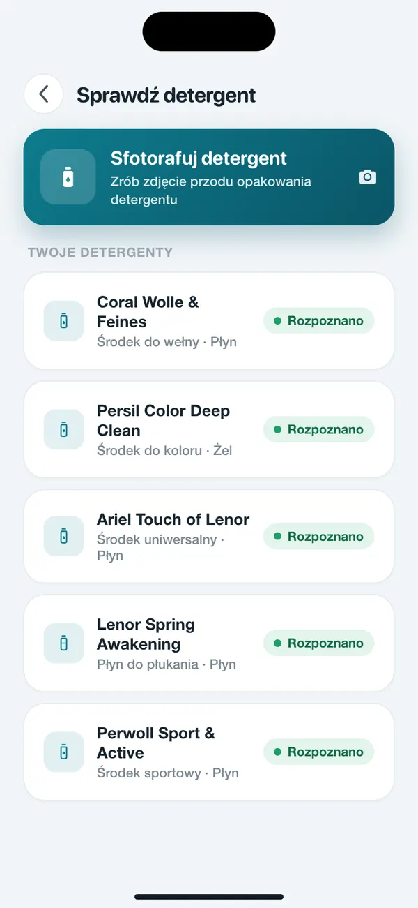Lista zapisanych detergentów w WashGuard, każdy rozpoznany ze zdjęcia