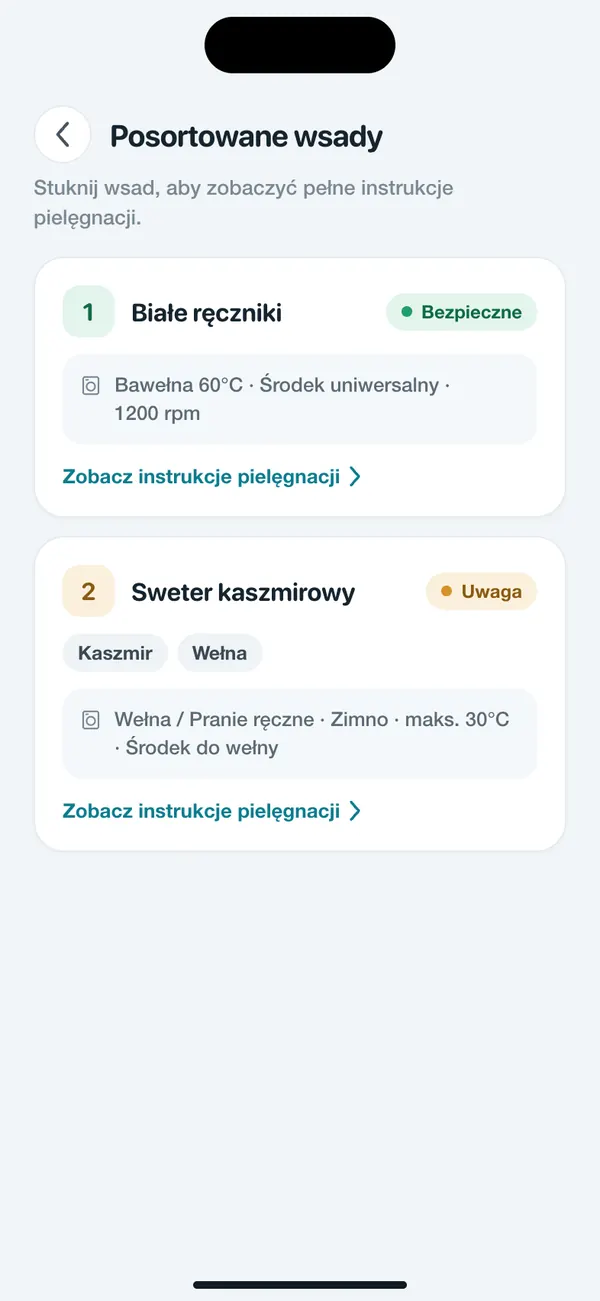 WashGuard dzieli kilka ubrań na wsady prania