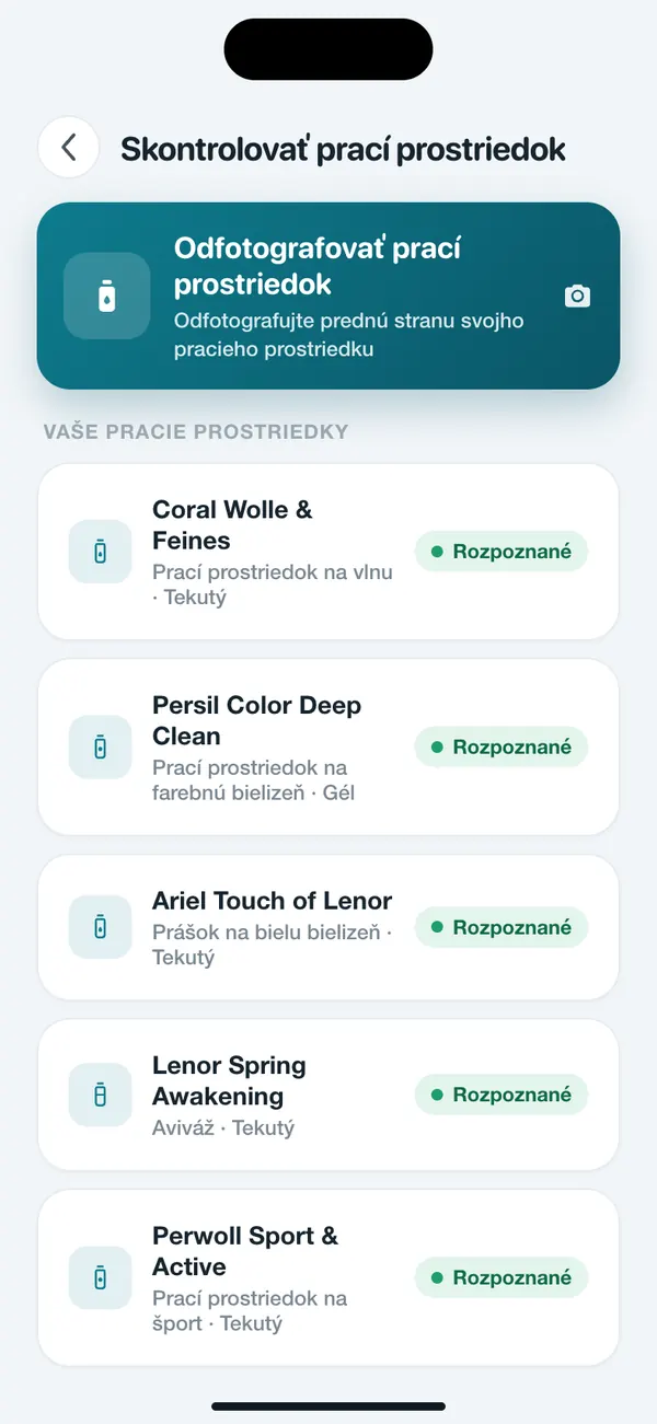 Zoznam uložených pracích prostriedkov vo WashGuard, každý rozpoznaný z fotky