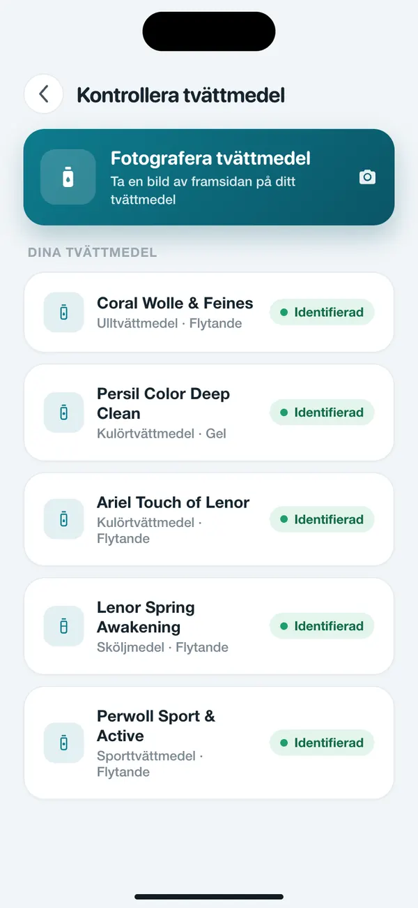Lista med sparade tvättmedel i WashGuard, vart och ett identifierat från en bild