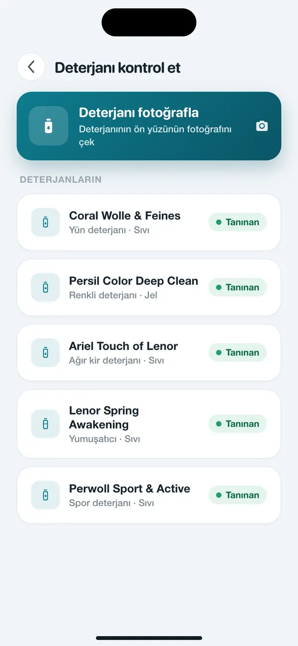 WashGuard'da kayıtlı deterjanların listesi, her biri fotoğraftan tanınmış