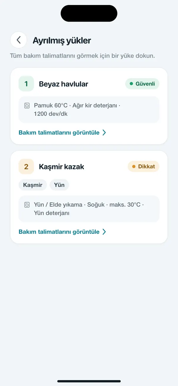 WashGuard birkaç giysiyi yıkama gruplarına ayırıyor